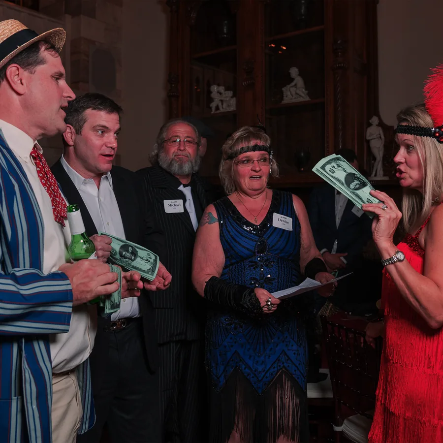 Guests at a Murder Mystery Company public dinner show in Boston